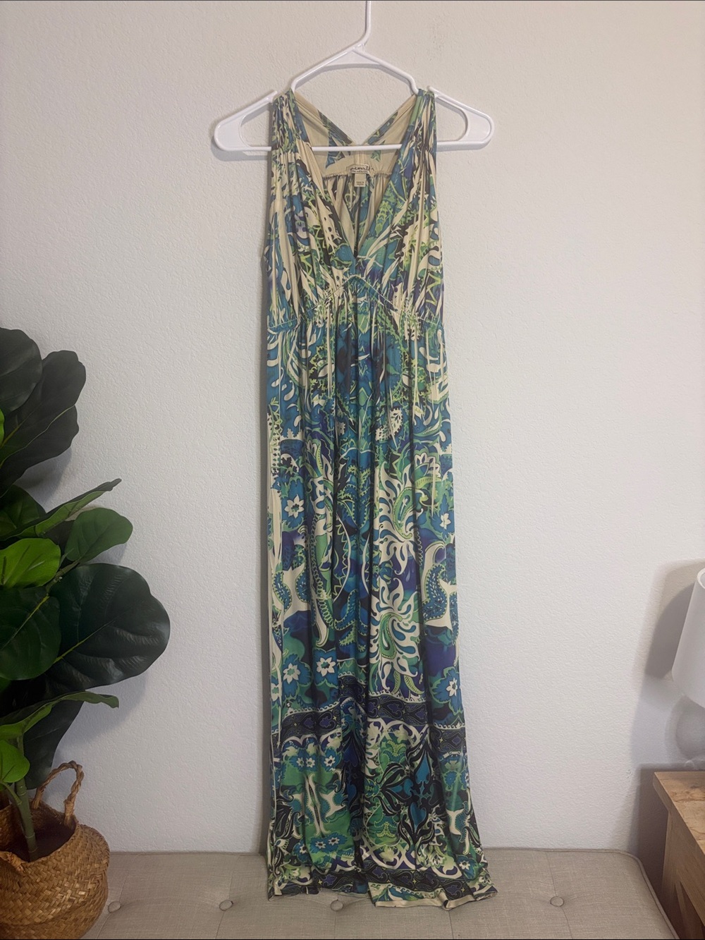 One world Petite Large Sleeveless Boho Printed Maxi Dress - Green/Blue